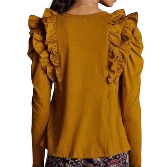 Anthropologie Ruffle Down V-Neck Top Cotton Holly Gold Blouse Women's XS - Picture 2 of 11